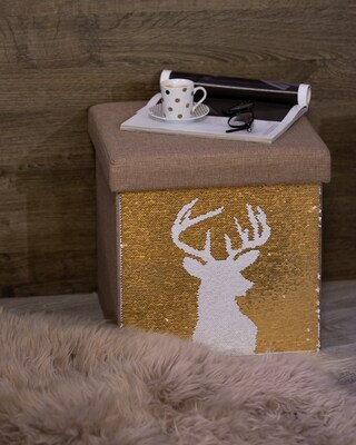 Sitz- und Aufbewahrungshocker Pailetten, mit Hirschkopf