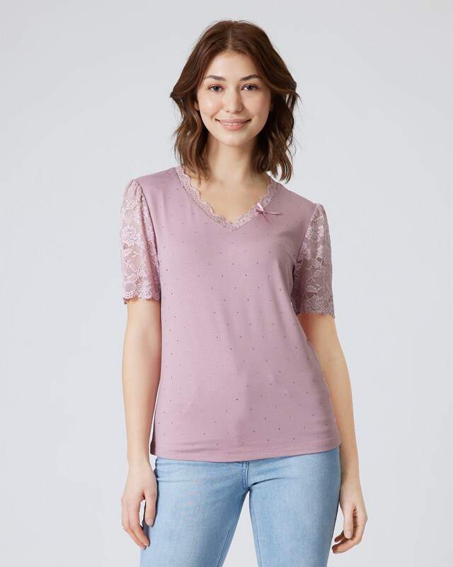 Kurzarmshirt mit Spitze & Steinchen