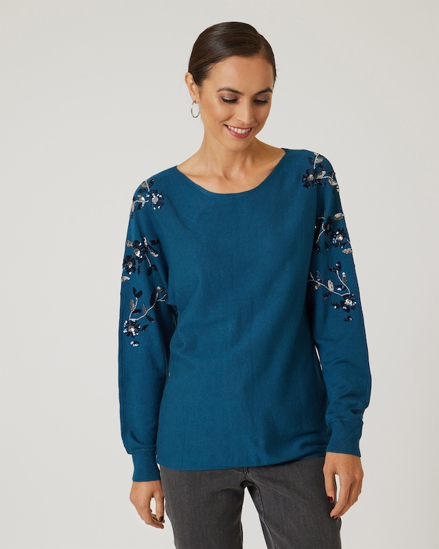 Strickpullover mit Paillettenblüten