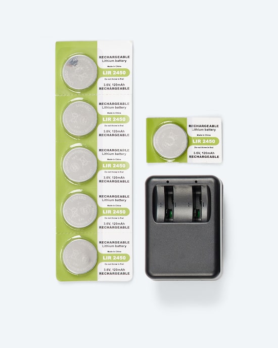 Produktabbildung für Ladegerät + aufladbare CR2450 Batterien
