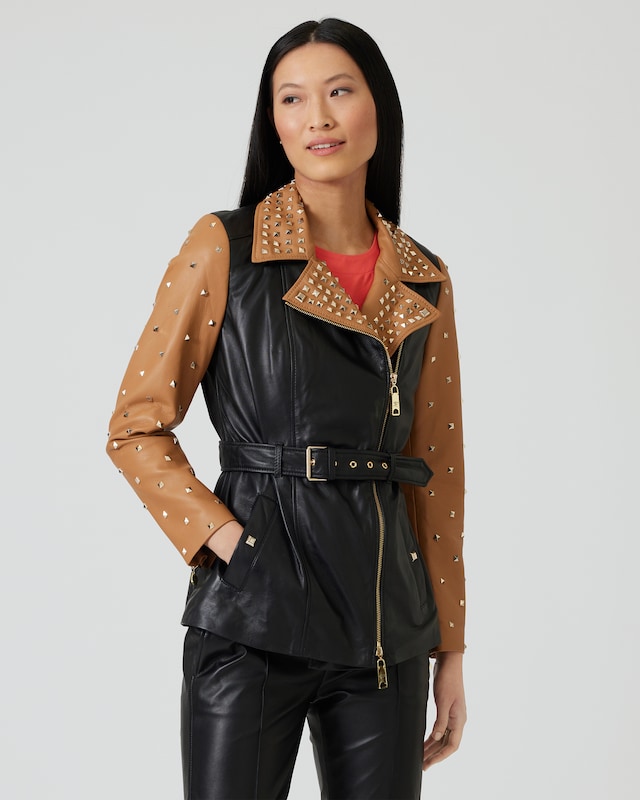 Long-Lederjacke mit Nieten