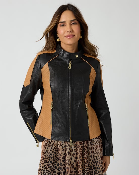 Produktabbildung für Lederjacke mit Farbkontrast