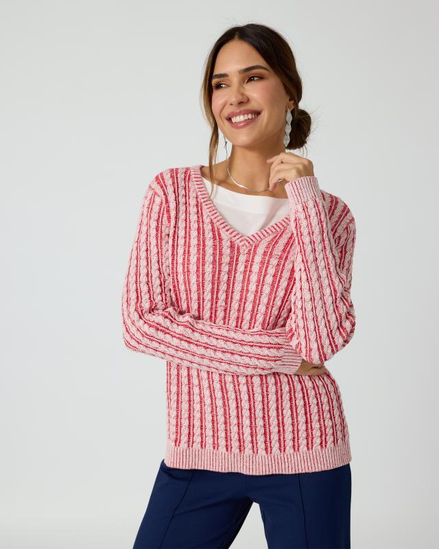 Bicolor-Pullover mit Zopfmuster