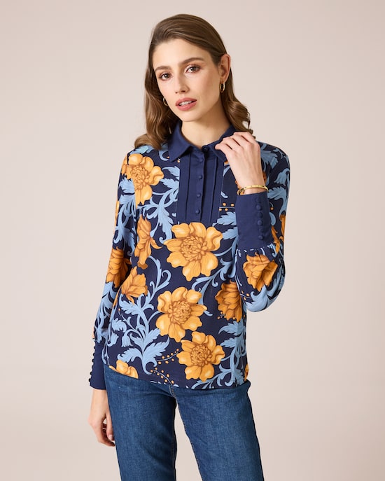 Produktabbildung für Poloshirt mit Blumendruck