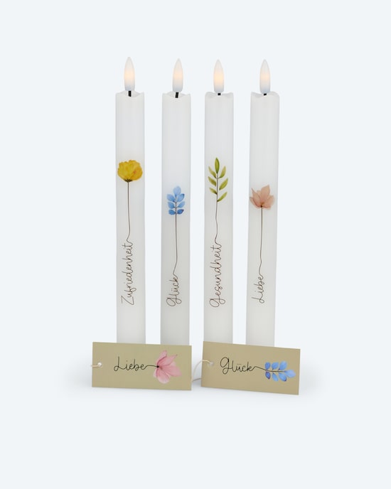 Produktabbildung für 4 LED-Stabkerzen mit Spruch in Geschenkbox