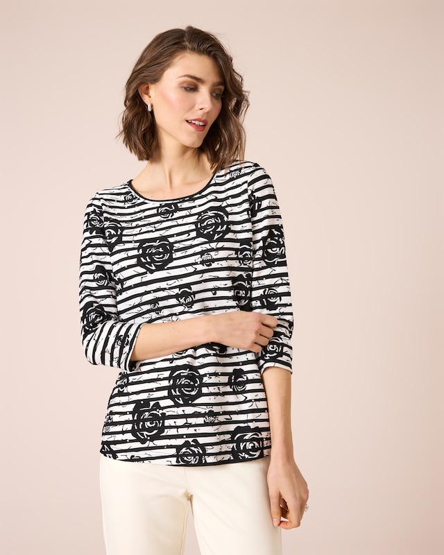 Shirt mit Blumen- und Streifendruck