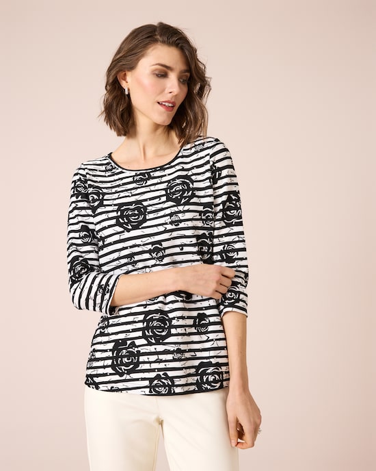 Produktabbildung für Shirt mit Blumen- und Streifendruck
