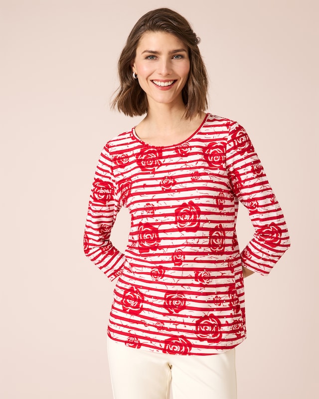 Shirt mit Blumen- und Streifendruck