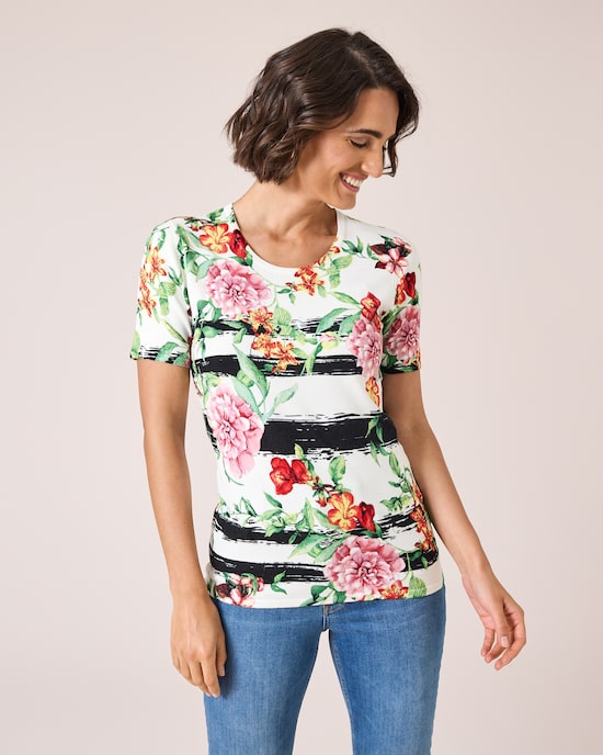 Produktabbildung für Classic Pullover mit Blumen- und Streifendruck