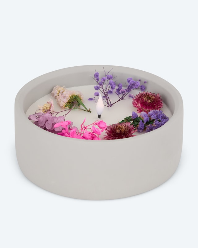 LED-Kerze Zement mit Blumen, groß