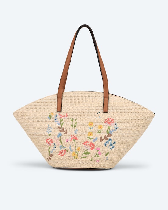 Produktabbildung für Strohtasche mit Blumenstickerei