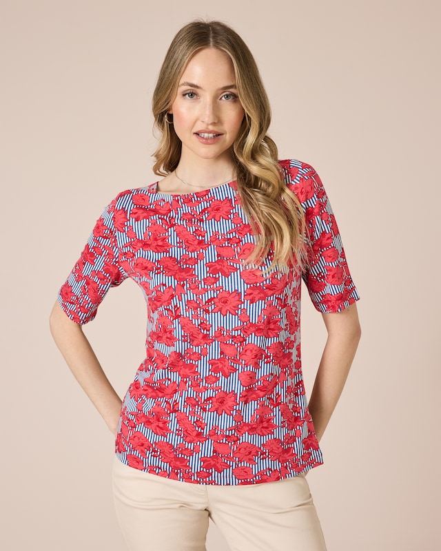 Shirt mit Blumen- und Streifendruck