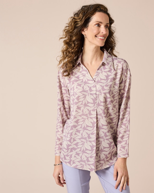 Bluse mit Hemdkragen, Blätterdruck
