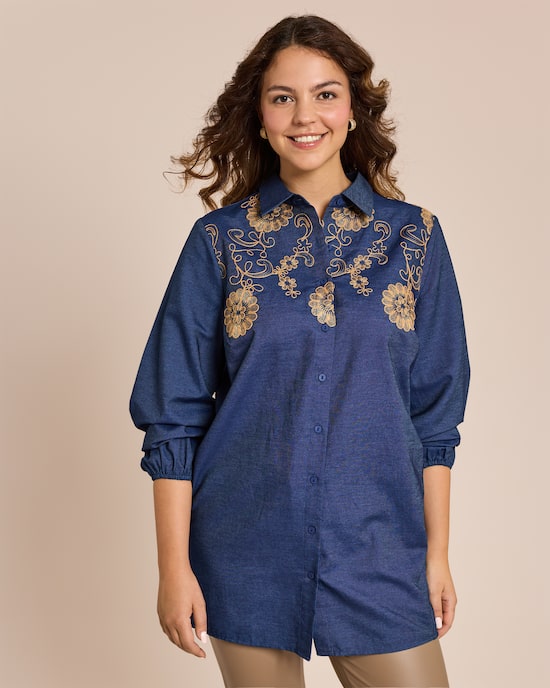 Produktabbildung für Denim Bluse Blumenstickerei
