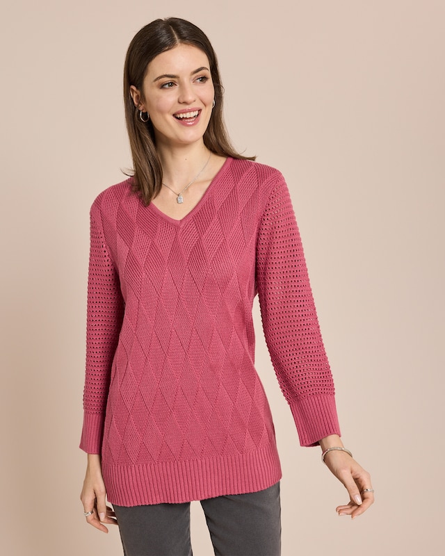 Pullover mit Ajour-Ärmel und Karo-Struktur