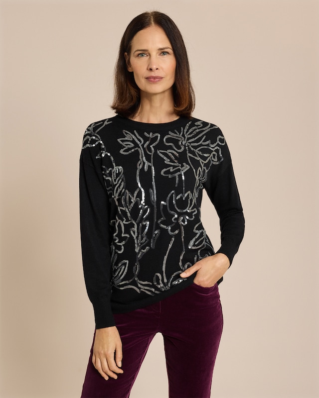 Pullover mit Pailletten-Blumen-Muster