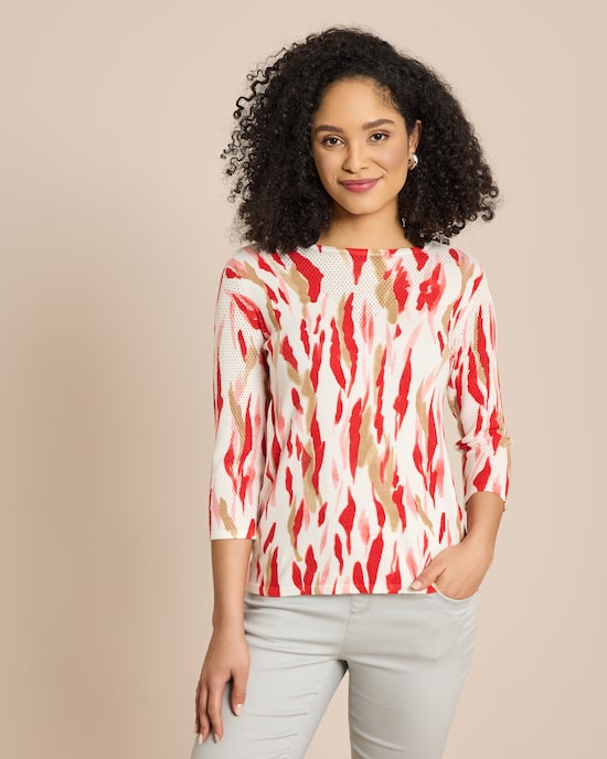 Produktabbildung für Pullover mit Alloverdruck und Ajourdetails