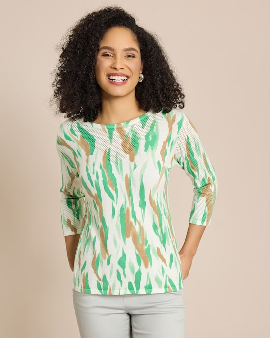 Produktabbildung für Pullover mit Alloverdruck und Ajourdetails