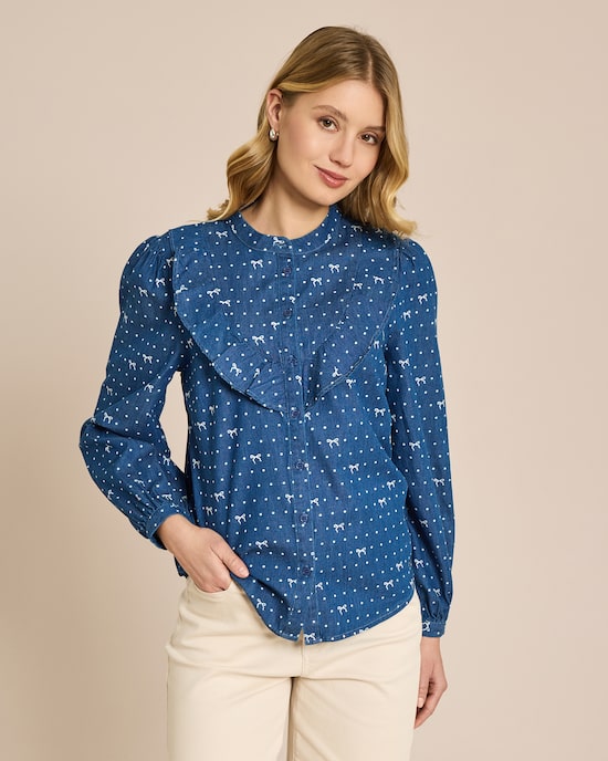 Produktabbildung für Bluse mit Schleifendruck und Rüschen