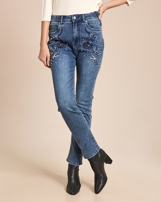 Produktabbildung für Slim fit Jeans mit Blumenstickerei