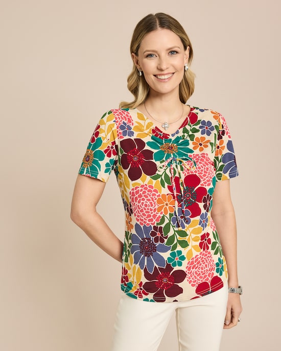 Produktabbildung für Shirt mit Raffung am Ausschnitt und Blumendruck