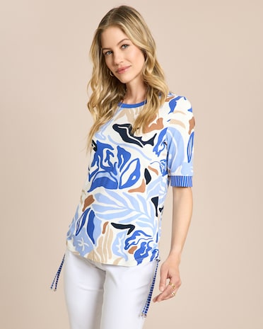 Produktabbildung für Midi-Shirt mit Druck und Bänderdetail