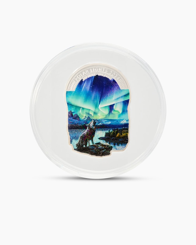 Silbermünze Polar Lights Wolf Shape