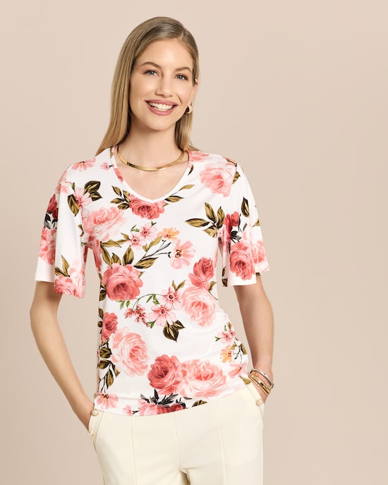 Produktabbildung für Shirt mit Rosendruck und Glockenärmeln