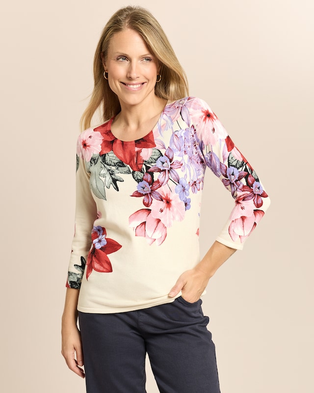 Pullover mit 3/4-Arm und Blumenmuster