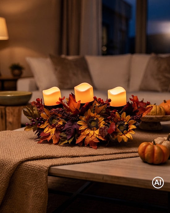 Produktabbildung für Gesteck mit 3 LED-Kerzen "Herbst-Sonnenblumen"