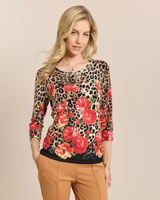 Produktabbildung für Pullover mit Leo-/Rosenprint und Strass
