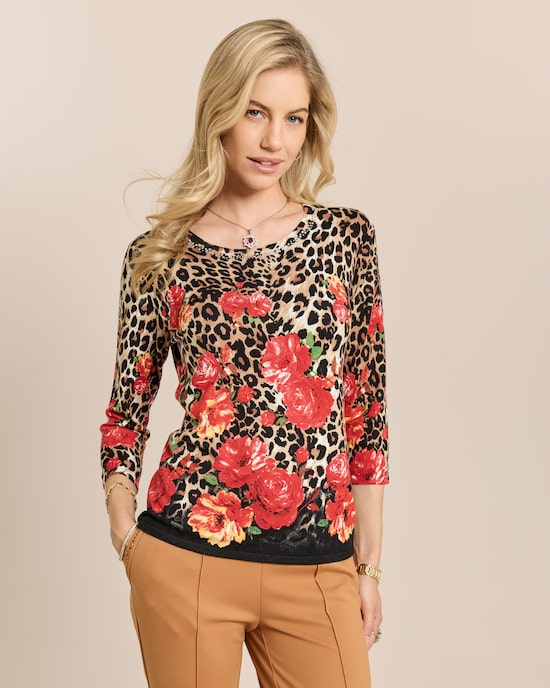 Produktabbildung für Pullover mit Leo-/Rosenprint und Strass