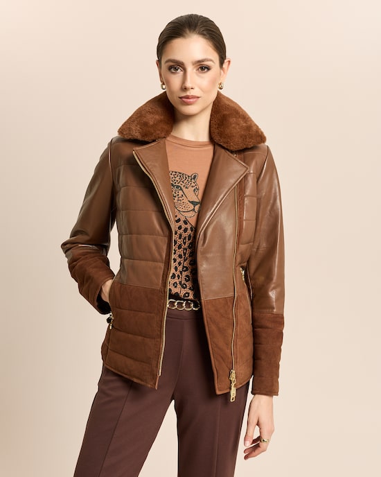 Produktabbildung für Lederjacke mit Webpelzkragen