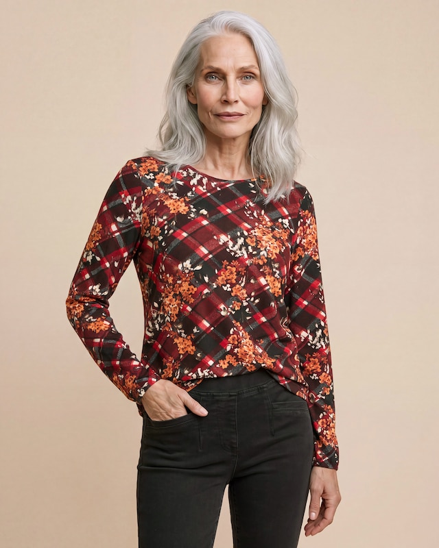 Shirt Karo-Blumen-Druck aufgerauht
