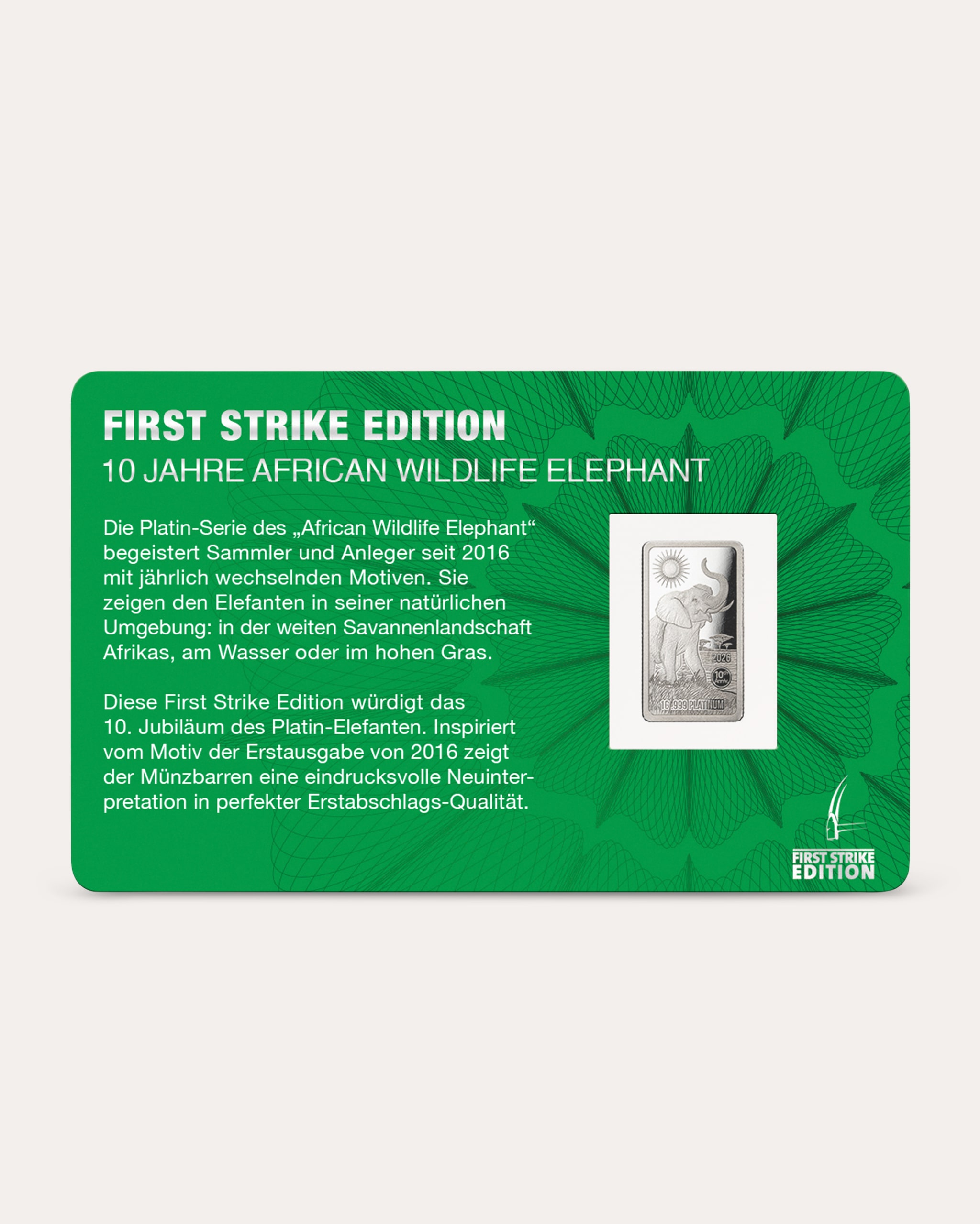 Produktabbildung für Platinmünzbarren Elefant 2026 First Strike Edition